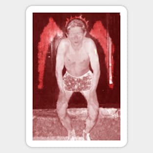 Portrait. Digital collage, special processing. Man in briefs, looking. Angel. Red and white, darker.. Sticker